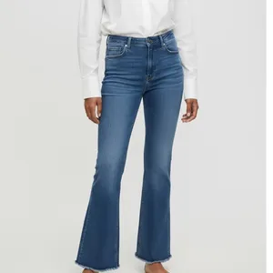 ZARA Flared High Rise Straight Leg Raw Hem Broken In Jean Zip 2 Dark Blue Wash thumbnail 10