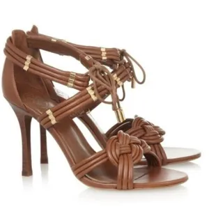Tory Burch Tan Brown Leather Knotted Strappy Lace Up Stiletto Heels Sandals 9.5M thumbnail 1