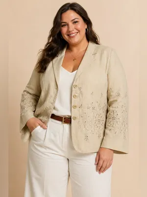 Carole Little Linen Embroidered Blazer Jacket Tan Button Front Floral Eyelet 16W thumbnail 4