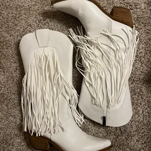 BEAST FASHION White Fringe Heeled Boots thumbnail 1