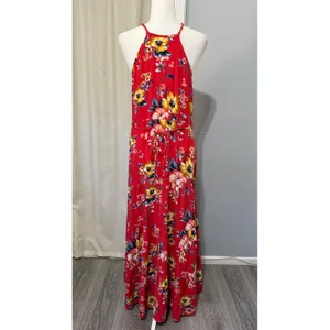 Band of Gypsies Red Floral Tiered Maxi Dress Small Halter Keyhole Boho Sundress thumbnail 6