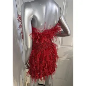 ASHLEYlauren 4615 Red Beaded Feather Cocktail Dress Strapless 2 Pageant Prom thumbnail 11