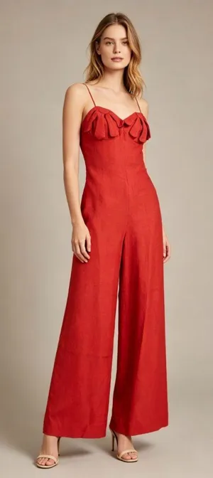 NWT Farm Rio Red 3D Petals Bodice Euroflax Premium Linen Jumpsuit Sz M Wide-Leg thumbnail 1
