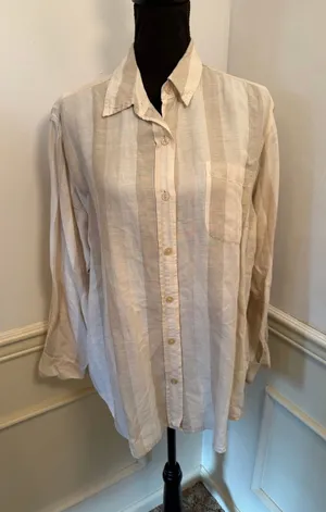 NY&C NY Khakis Neutral Striped Linen Blend Button-Down Shirt Minimalist Coastal thumbnail 1