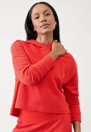 Athleta Womens Red Waffle Knit‎ Oversied Baggy Cropped Hoodie Sweatshirt XXS thumbnail 1
