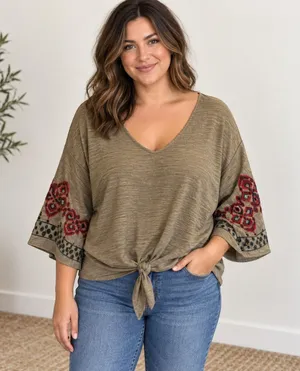Olivia & Martin embroidered brown blouse tie front 3X thumbnail 1