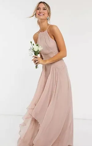 ASOS Design Bridesmaid Pink Blush Pinny Ruched Bodice Chiffon Maxi Dress Size 2 thumbnail 3