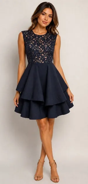 L'ATISTE Lace Mini Dress Women Medium Navy Blue Tiered Ruffle Hem Party Cocktail thumbnail 1