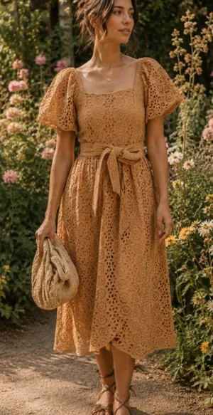 Cleobella Seraphina Midi Dress Eyelet Tan Yellow M Boho Chic Western Romantic thumbnail 1