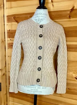 St Johns Bay Tan Button Up Round Neck Cardigan w/Ribbed Back & Woven Front Sz S thumbnail 1