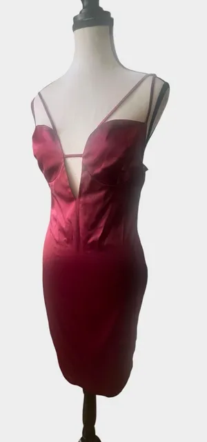 Miss Circle Burgundy Wine Satin Plunge Cutout Bodycon Midi Dress Small thumbnail 1