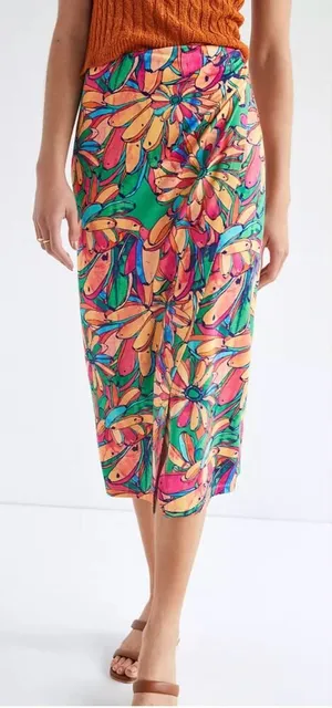 Anthropologie Farm Rio Getaway Midi Skirt Tropical Print Green Pink Size‎ Small thumbnail 1