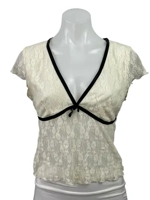 Kimchi Blue Womens White Floral Lace V-neck Short Cap Sleeve Sheer Blouse Top L thumbnail 1