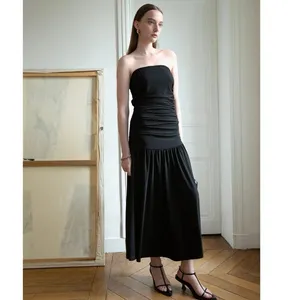 Pixie Market Women's Solid Ruched Black Strapless Flared Long Maxi Dress Size L Size L thumbnail 3