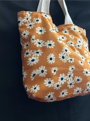 Daisy Print Orange Floral Canvas Tote Bag with White Handles thumbnail 5