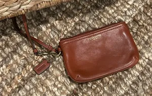 Coach Mini Leather Wristlet/Card Wallet In Saddle Brown thumbnail 1