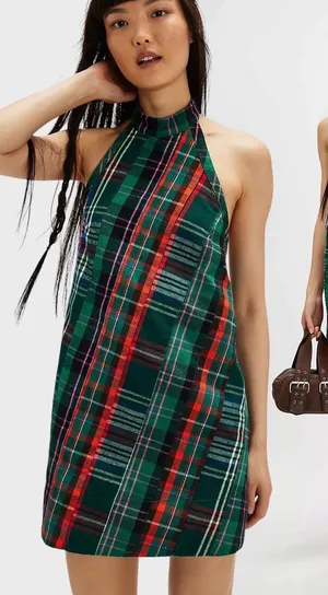 Free People Retro Plaid Cityscape Mini Dress Size Medium Grunge Punk Preppy thumbnail 1