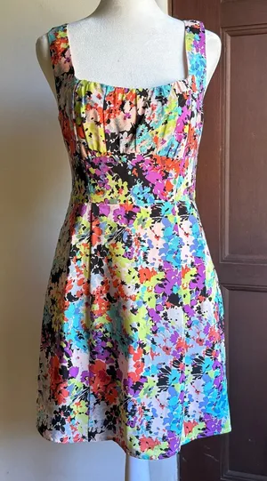 NANETTE LEPORE | Silk Psychedelic Floral Square Neck Cocktail Dress Size 2 thumbnail 1