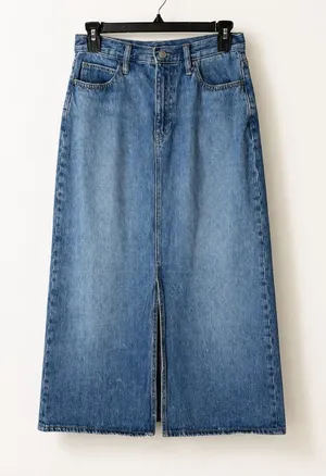 Uniqlo Denim Midi Skirt Women 10 Blue Medium Wash Front Slit Straight Jean thumbnail 1
