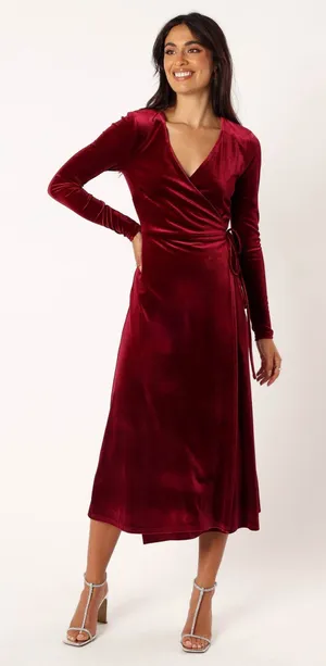 Darby long wrap around dress in burgundy color s thumbnail 1