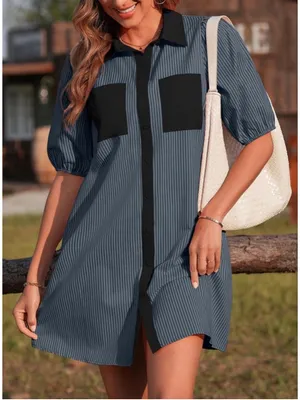 NEW V Neck Short Sleeve Button Down Striped Dress L Gray Size L thumbnail 2