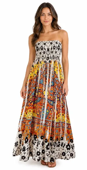 Style & Co Women’s M Strapless Smocked Boho Floral Border Print Maxi Dress thumbnail 1