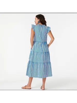 J. Crew Tiered Cotton Dobby Dress in Cape Blue White Green Stripe Large thumbnail 6