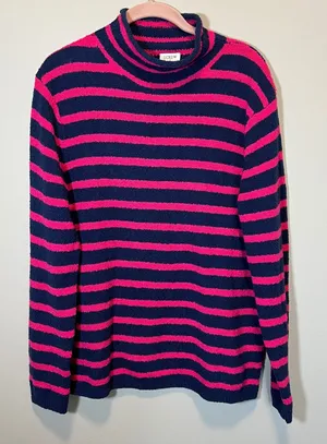 J. Crew‎ Women's Pink Navy Striped Cozy Roll Neck Sweater Cotton Blend Medium thumbnail 1