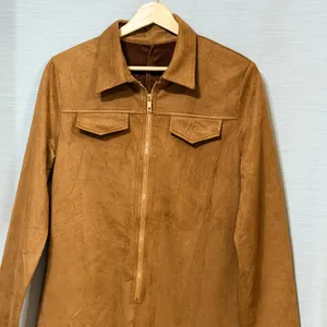 Womens Faux Suede Fringe Western Midi Dress Camel Brown Long Sleeve Size L thumbnail 4