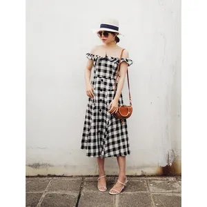 Reformation Hattie Off Shoulder Linen Midi Dress US 0 Gingham Europe Vacation‎ thumbnail 4