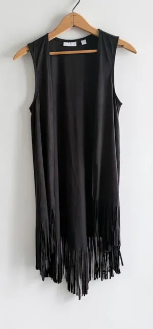 New York & Company Womens XS Black Fringe Hem Longline Open‎ Front Vest thumbnail 1