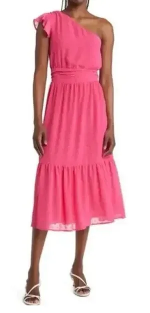 Chelsea28 Pink Polka Dot One Shoulder Flowy Midi Dress Women’s Size Small NWOT thumbnail 1