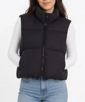 Black Puffer Vest Cropped Quilted Zip Up Stand Collar Sleeveless Jacket Large thumbnail 1
