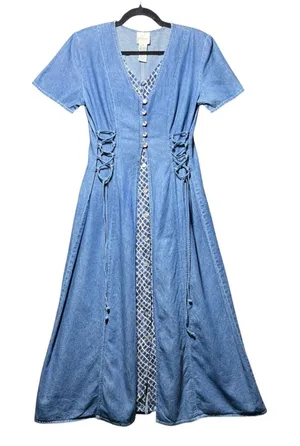 Vintage 90s TR Bentley Denim Maxi Dress Lace Up Corset Side Blue Size 10 thumbnail 1