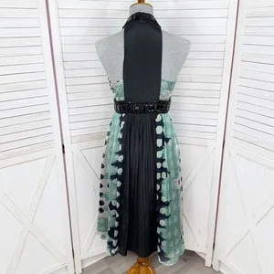 Zara Beaded Silk Pleated Multi Pattern Fit‎ Flare Halter Dress Black Teal Medium thumbnail 4