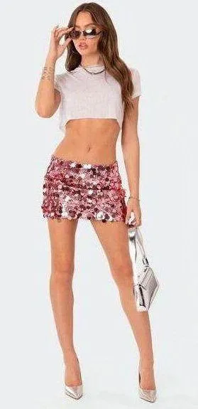 Edikted Sabina Low-Rise Sequin Mini Skirt in Pink. Size XL thumbnail 1