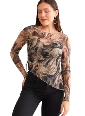 Red by BKE Marble Print Mesh Top Black Taupe Sheer Size Large NEW with Tags thumbnail 1