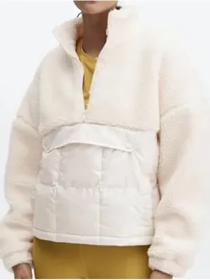 Fabletics Nelly Mixed Media Half Zip Sherpa Puffer Jacket Oats M thumbnail 1