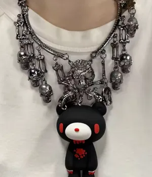 Skull and Bear Pendant Necklace Black thumbnail 1