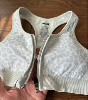 Avia Sports Bra Womens M Gray Leopard Front Zip Racerback Seamless thumbnail 3