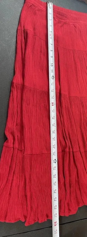 Boho Red Crinkle Tiered Maxi Skirt Pull On Cottagecore Prairie Festival M thumbnail 6