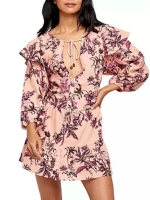 Free People Boho Mini Dress Size Small Cottagecore Festival Peasant Babydoll thumbnail 1