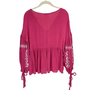 American Eagle Embroidered Boho Top Sz XL Pink Balloon Sleeves thumbnail 3