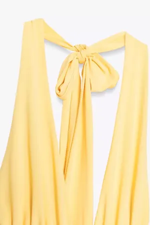 Zara Butter Yellow Halter Maxi Dress with Plunging Neckline Scarf Wedding Party thumbnail 11
