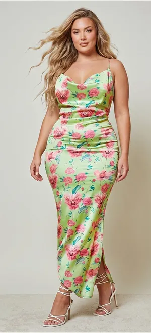 NWT PRETTYLITTLETHING Floral Satin Drape Neck Maxi Dress thumbnail 1