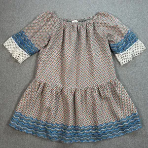 Umgee Drop Waist Off Shoulder Mini Tunic Dress Size Small Crochet Trim Gray Blue thumbnail 1