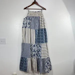 Universal Thread Womens 1X Blue White Patchwork Gingham Smocked Maxi Midi Dress thumbnail 3