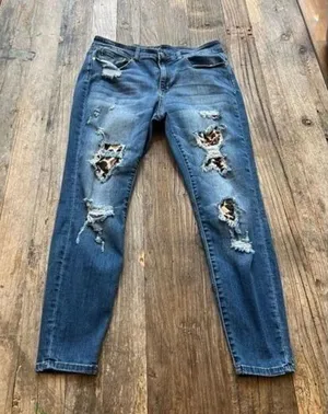 Judy Blue Skinny Fit Leopard Lined Jeans Womens 16W Distressed Stretch‎ Denim thumbnail 1