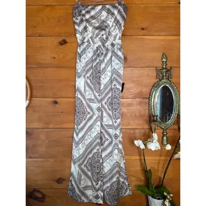NWT Lulus Western Direction Ivory Scarf Print Satin Strapless Jumpsuit Cruise L thumbnail 2