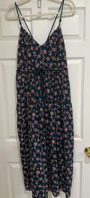 Jenny K Lopez Midi Dress Floral Rope Tie Navy Pink‎ thumbnail 1